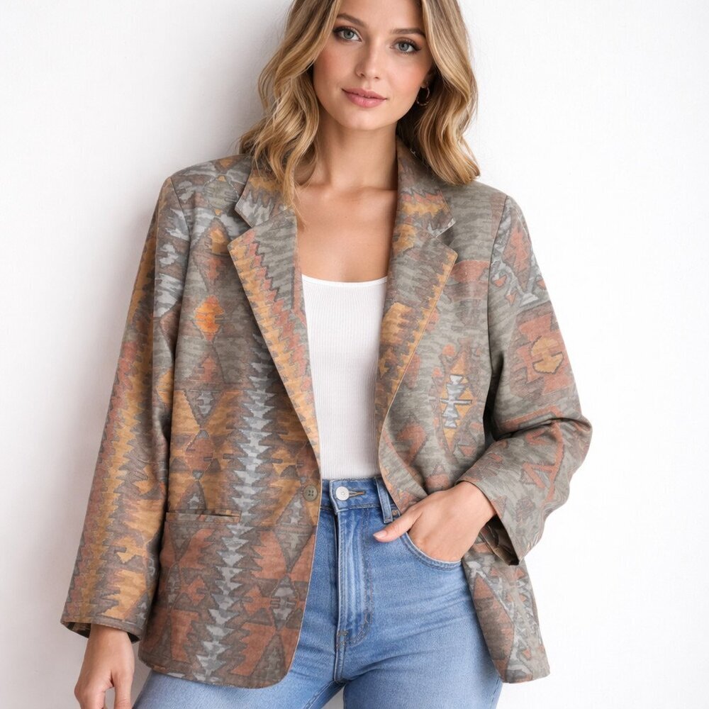 Vintage Functionals Earth Tones Southweatern Print Blazer L